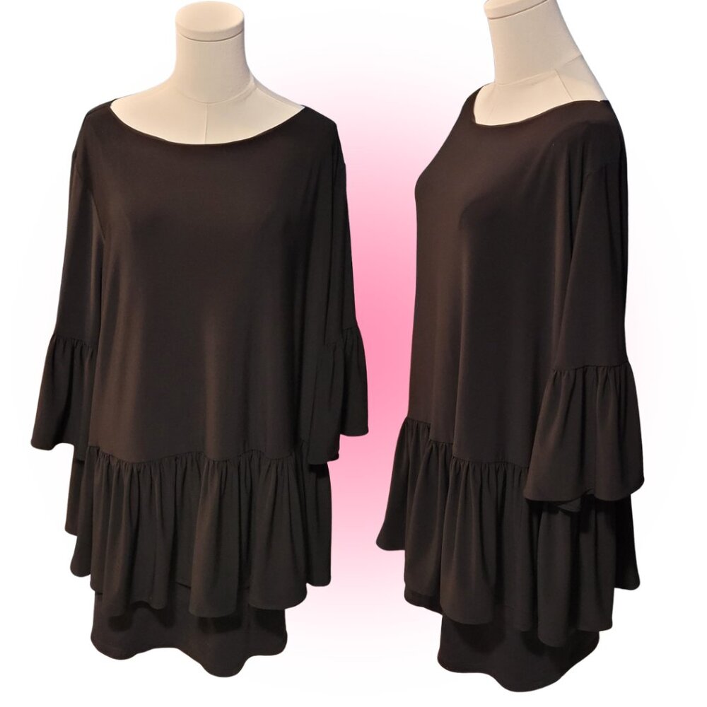 ELEGANT BLACK RUFFLED WOMEN'S LAGENLOOK BLOUSE EUC 1X 2X